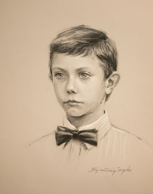 Charcoal and chalk drawing of boy on toned paper.