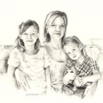 Charcoal portrait of a family of mother and two girls.