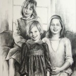Portrait of three girls in charcoal medium on paper.