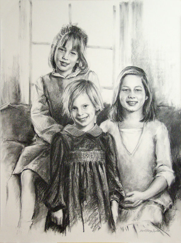Portrait of three girls in charcoal medium on paper.