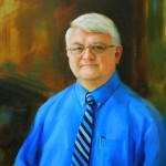 Oil portrait of man in blue shirt and tie.