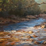 Painting of stream in sun and shade.