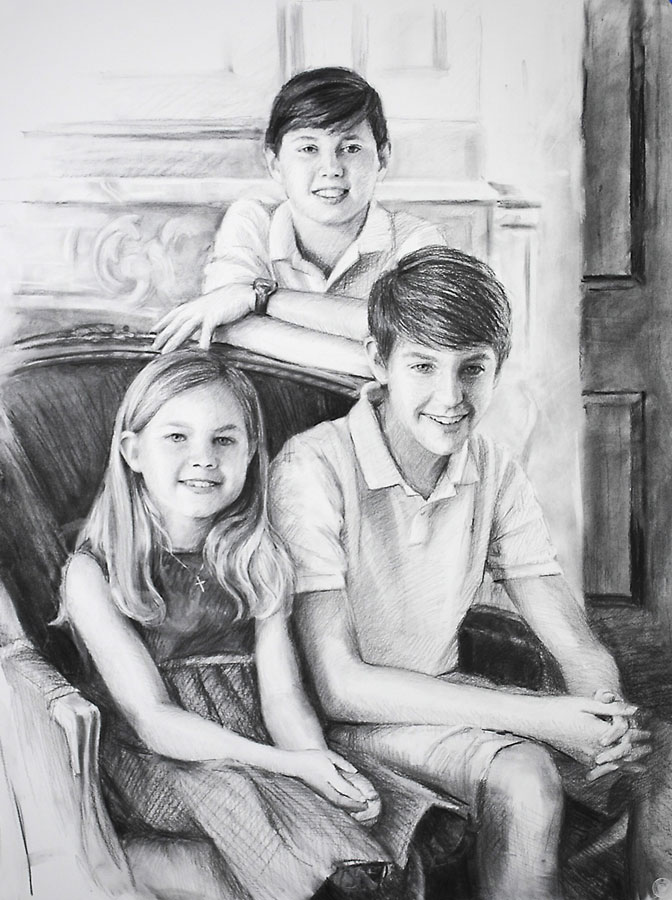 Charcoal portrait of three children - brothers and sister.