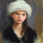 Portrait of girl in white hat.