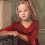Oil portrait of young girl in red dress.