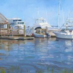 Oil painting of boats at a marina with rusty metal and Coke machine.
