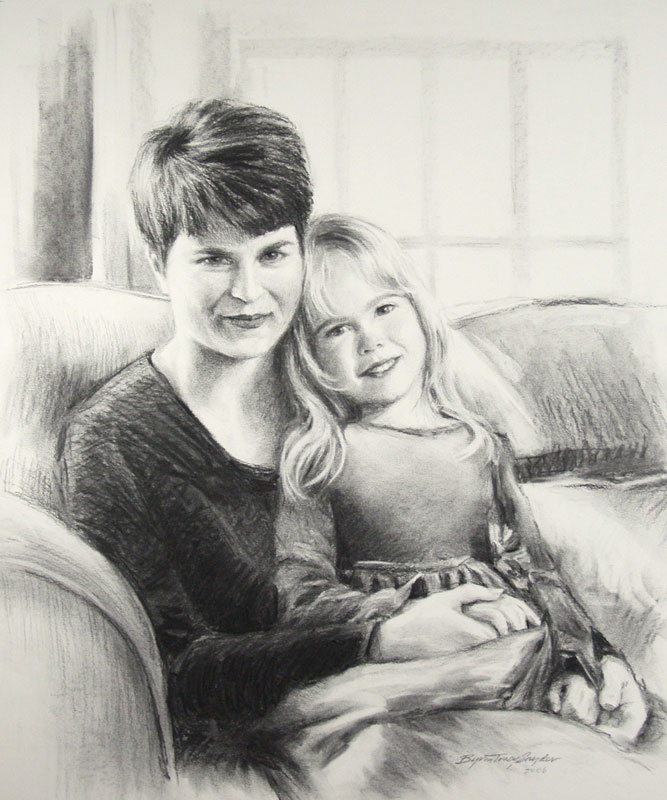 Charcoal portrait of a mother and daughter.