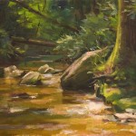 Painting of Georgia stream, forest and rocks.