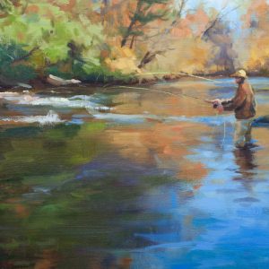 Painting of a trout fisherman in autumn.