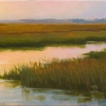 Oil painting of water and marsh at sunset