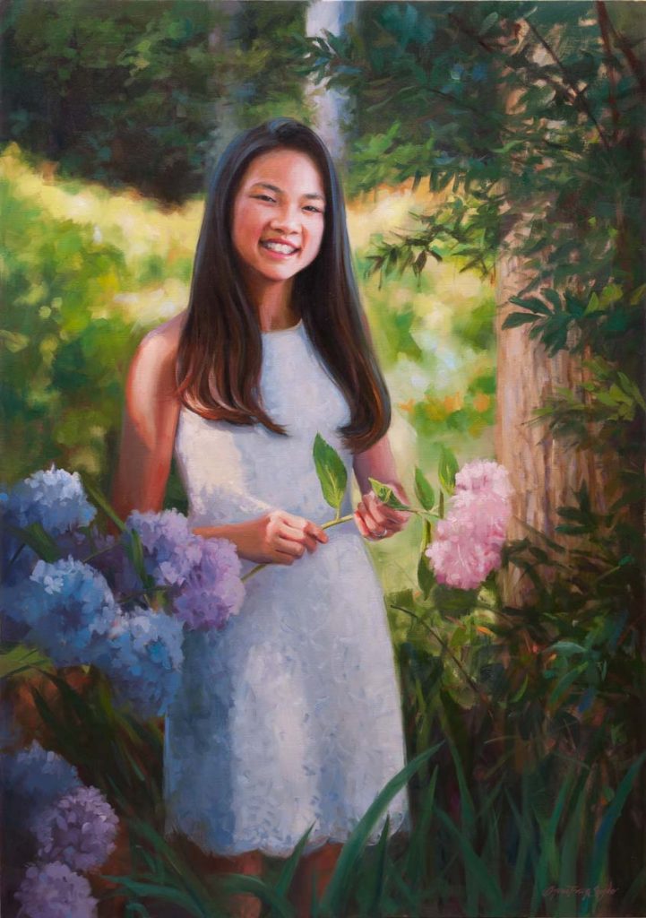 Oil Portrait Painting of a young lady in a hydrangea garden